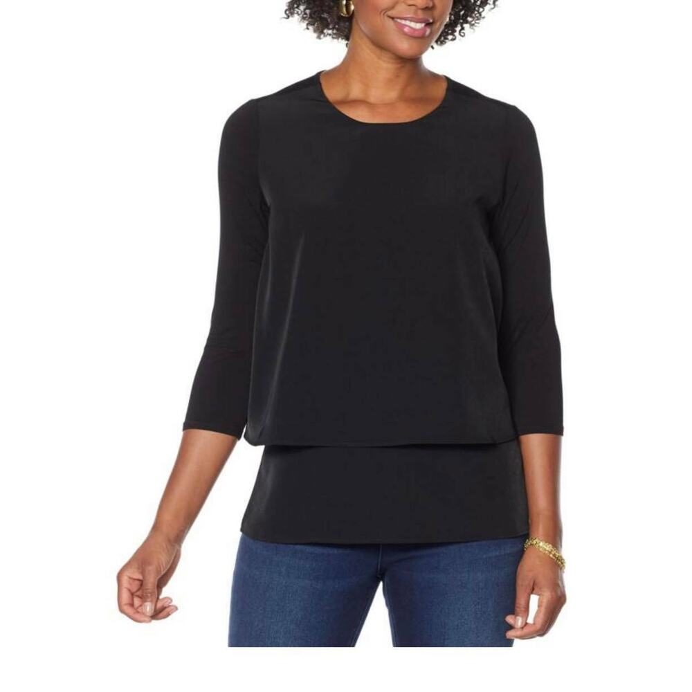DG2 3/4 Sleeve Double Layer‎ Blouse Easy Top Round Neck, Black Plus 2X